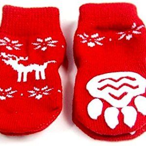 Dog Cat Christmas Red Socks with Snowflake Elk Pattern, Anti Slip Bottom Sz M